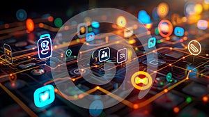 Vibrant Digital Network of Interconnected Icons and Connections