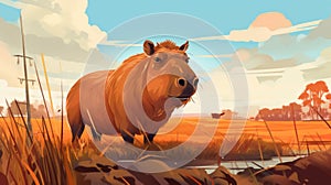 Vibrant Digital Painting Of Capybara Grazing In Meadow