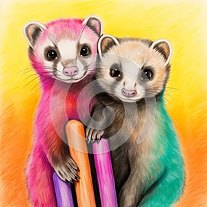 Vibrant Digital Painting Of Ferrets With Colorful Crayons