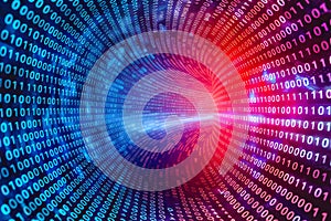 Vibrant digital tunnel with binary code, representing rapid data transmission in technology