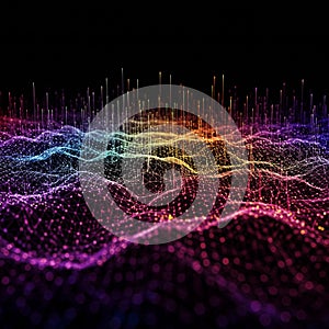 A vibrant digital visualization featuring a landscape of interconnected points and lines