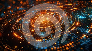 Abstract Digital Data Stream Visualization with Glowing Particles and Binary Code