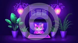 Vibrant digital workspace with cat on screen and lush greenery