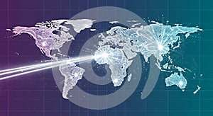 Futuristic digital world map visualizing global network connectivity, data transfer, and modern communication infrastructure.