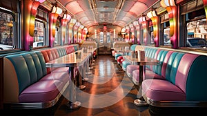 A vibrant diner interior that has been converted to resemble a vintage train car