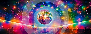 vibrant disco scene with a large, glittering disco ball suspended from the ceiling, casting colorful reflections