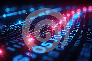 Colorful binary code abstract design with glowing lights on a dark background