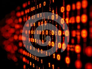 Digital matrix of glowing red binary code representing data flow and computer processing