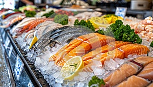 Vibrant display of colorful fresh seafood on ice showcasing a variety of textures and vibrant hues