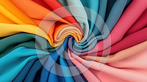 A vibrant display of fabric in a circular pattern, showcasing a spectrum of colors.