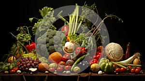 A Vibrant Display of Fresh, Colorful Vegetables and Fruits on a Dark Background