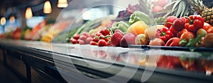 A vibrant display of fresh fruits and vegetables in a modern grocery store, highlighting the variety and freshness available to