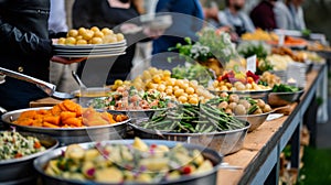 A vibrant display of freshly prepared vegetables and potatoes served in trays at an outdoor event.