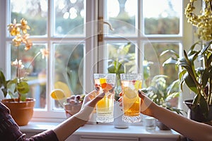 A vibrant display of glistening glassware filled with colourful fruit and a flourishing houseplant bathes the indoor table