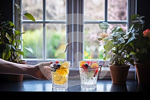 A vibrant display of glistening glassware filled with colourful fruit and a flourishing houseplant bathes the indoor table