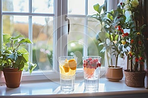 A vibrant display of glistening glassware filled with colourful fruit and a flourishing houseplant bathes the indoor table