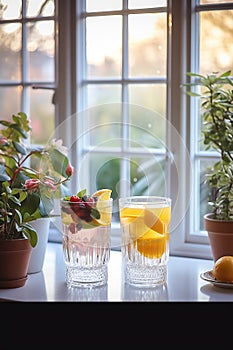 A vibrant display of glistening glassware filled with colourful fruit and a flourishing houseplant bathes the indoor table