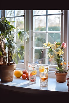 A vibrant display of glistening glassware filled with colourful fruit and a flourishing houseplant bathes the indoor table