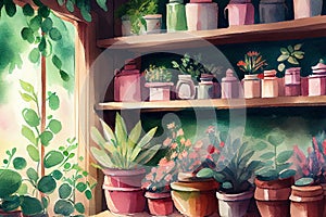 A vibrant display of green potted plants with colorful flowers arranged on shelves in a flower store, generative ai