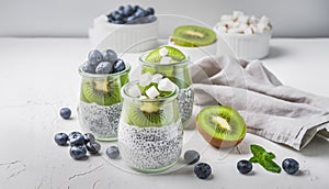 A vibrant display of a healthy breakfast with chia pudding, kiwi, and blueberries, topped with marshmallows