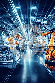 Vibrant display of intricate machinery on a modern, automated factory floor