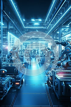 Vibrant display of intricate machinery on a modern, automated factory floor