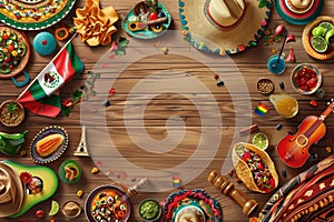 Vibrující zobrazit z mexiko prvky včetně památky kuchyně na dřevěný pozadí 