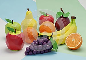 A vibrant display of polygonal, AI-generated fruit against a