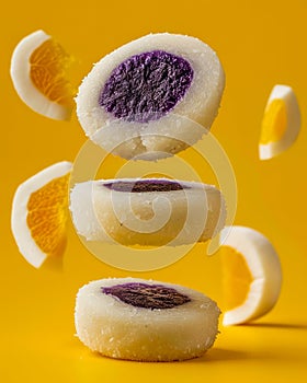 Vibrant Display of Purple Sweet Potato Mochi Dessert on a Yellow Background with Sliced Citrus Fruit
