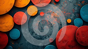 A vibrant display of textured circles in colors such as red, yellow, and blue, set against a dark, grungy background. The contrast