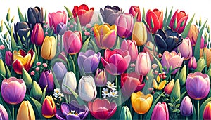 A vibrant display of tulips in an array of colors.