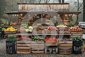 A vibrant display of various fruits and vegetables at a bustling farmers market