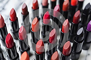 Variety of Vibrant Lipsticks in Different Shades and Finishes Displayed in Rows photo