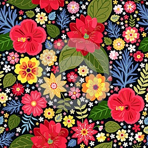 Vibrant ditsy floral pattern with exotic flowers in vector. Seamless colorful background. Vector illustration.