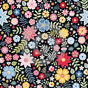 Vibrant ditsy floral seamless pattern with bright summer flowers on dark background.