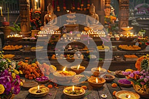 vibrant Diwali celebration in a rustic wooden setting, featuring wooden diyas, intricate rangoli, trays of sweets, and