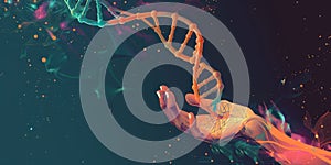 Vibrant DNA strand cradled in a hand against a cosmic backdrop. Genome exploration theme.