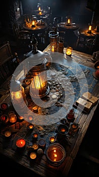 Vibrant DnD tavern: Adventurers gather, old maps on the table, planning and talking. Created with Generative AI