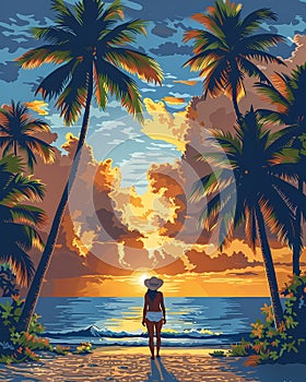 Vibrant Dominican Republic Beach Painting Depicting a Sunset and Palm Trees