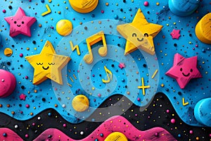 Vibrant Doodle Melody: Stars & Notes. Concept Galaxy-inspired Doodles, Musical Notes, Vibrant