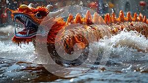 Vibrant Dragon Boat Head Splashing Through Water