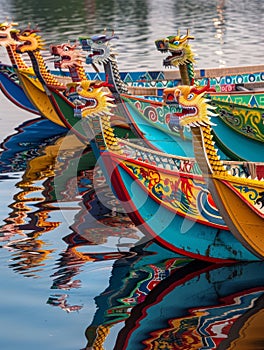 Vibrant dragon boat heads lined up for a race, reflecting the rich cultural tradition of the Dragon Boat Festival