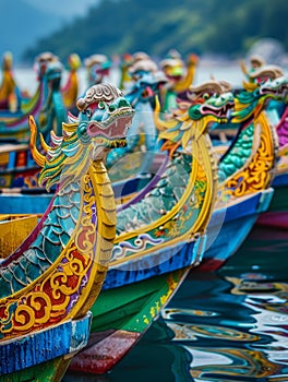 Vibrant dragon boat heads lined up for a race, reflecting the rich cultural tradition of the Dragon Boat Festival