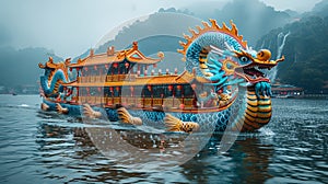 Vibrant Dragon Boat on Misty Lake During Cultural Festival