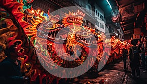 Vibrant dragon dance illuminates traditional Chinese festival celebration at night generated by AI
