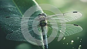 Vibrant dragonfly perching on a wet green leaf in springtime generated by AI
