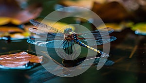 Vibrant dragonfly resting on green leaf in autumn forest generated by AI