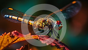 Vibrant dragonfly rests on green leaf branch generated by AI