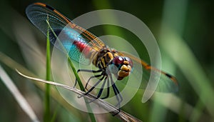 Vibrant dragonfly rests on green leaf, showcasing fragile beauty generated by AI