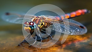 Vibrant dragonfly rests on wet leaf in forest environment generated by AI